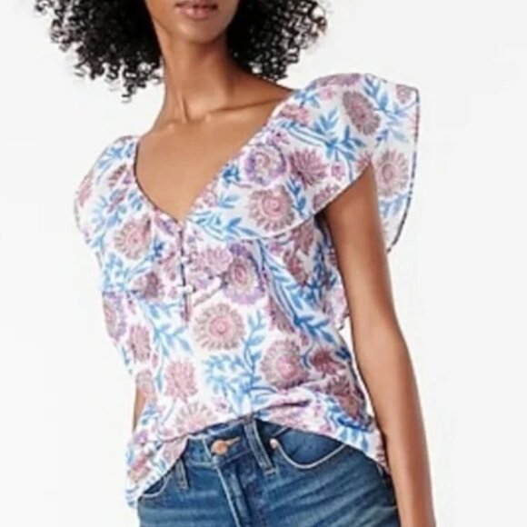 J Crew Ruffle V-Neck‎ Top Size S Floral Vine Block Print Tank Cotton Lined AN768 - Picture 1 of 12